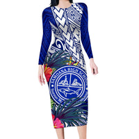 Personalised Samoana High School Long Sleeve Bodycon Dress American Samoa Schools Polynesian Tropical Flowers LT14 Long Dress Blue - Polynesian Pride