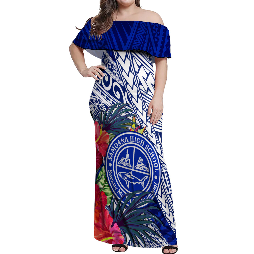 Personalised Samoana High School Off Shoulder Maxi Dress American Samoa Schools Polynesian Tropical Flowers LT14 Women Blue - Polynesian Pride
