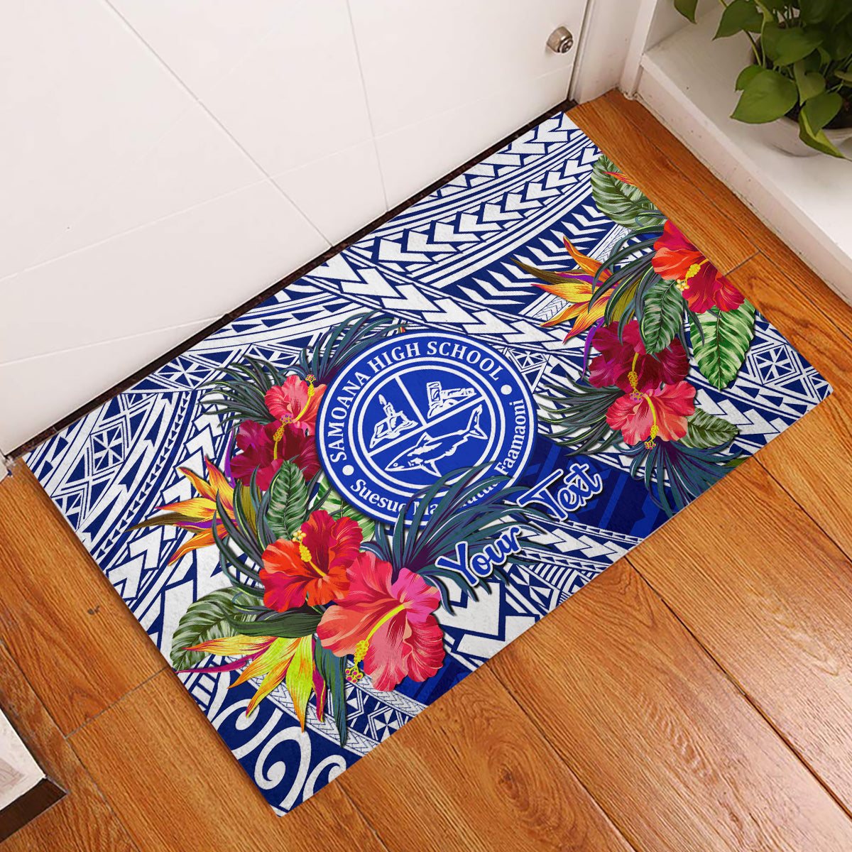 Personalised Samoana High School Rubber Doormat American Samoa Schools Polynesian Tropical Flowers LT14 Blue - Polynesian Pride