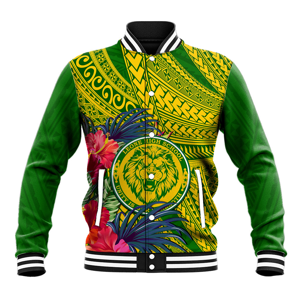 Personalised Leone High School Baseball Jacket American Samoa Schools Polynesian Tropical Flowers LT14 Unisex Green - Polynesian Pride
