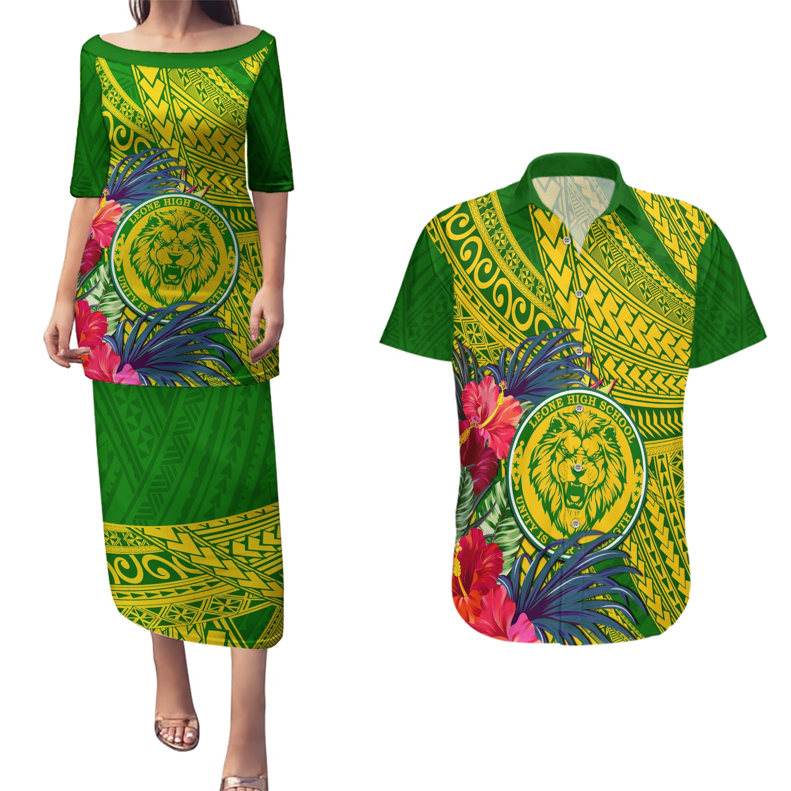 Personalised Leone High School Couples Matching Puletasi Dress and Hawaiian Shirt American Samoa Schools Polynesian Tropical Flowers LT14 Green - Polynesian Pride
