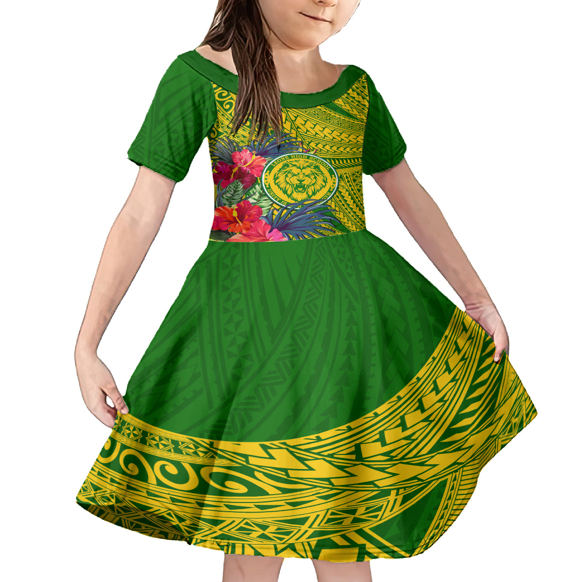 Personalised Leone High School Family Matching Tank Maxi Dress and Hawaiian Shirt American Samoa Schools Polynesian Tropical Flowers LT14 Daughter's Dress Green - Polynesian Pride