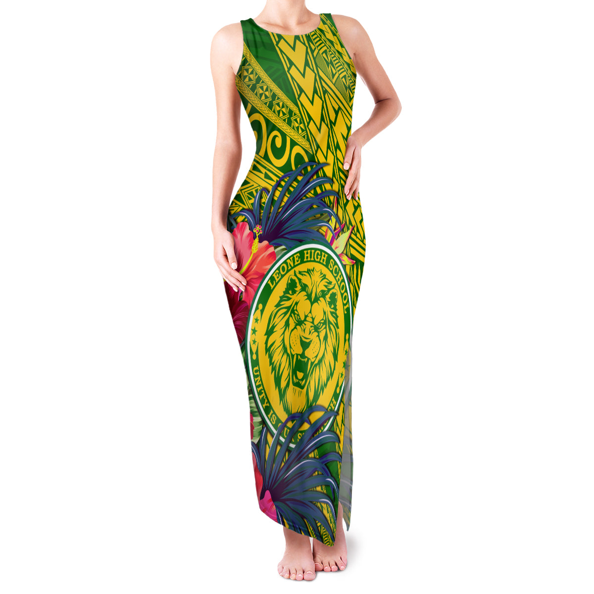 Personalised Leone High School Family Matching Tank Maxi Dress and Hawaiian Shirt American Samoa Schools Polynesian Tropical Flowers LT14 Mom's Dress Green - Polynesian Pride