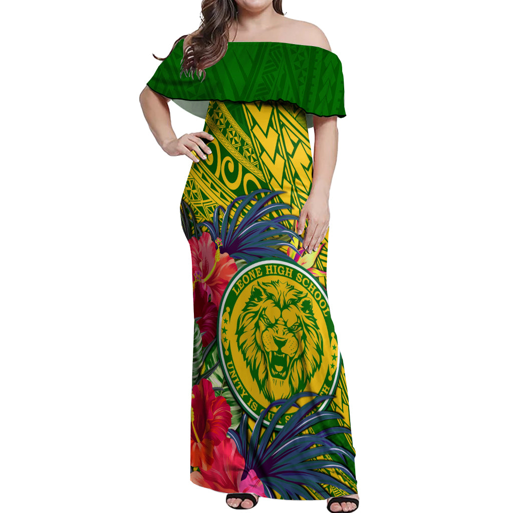 Personalised Leone High School Off Shoulder Maxi Dress American Samoa Schools Polynesian Tropical Flowers LT14 Women Green - Polynesian Pride