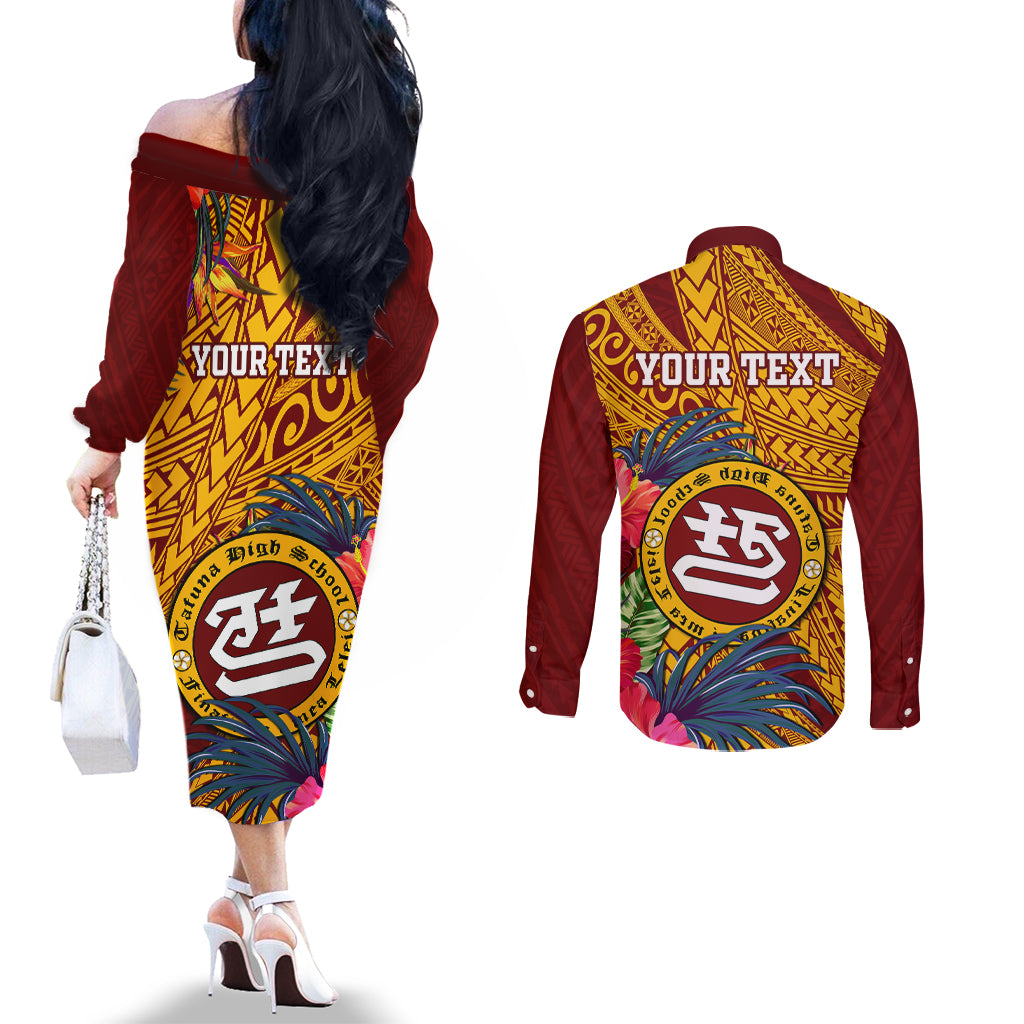 Personalised Tafuna High School Couples Matching Off The Shoulder Long Sleeve Dress and Long Sleeve Button Shirt American Samoa Schools Polynesian Tropical Flowers LT14 - Polynesian Pride