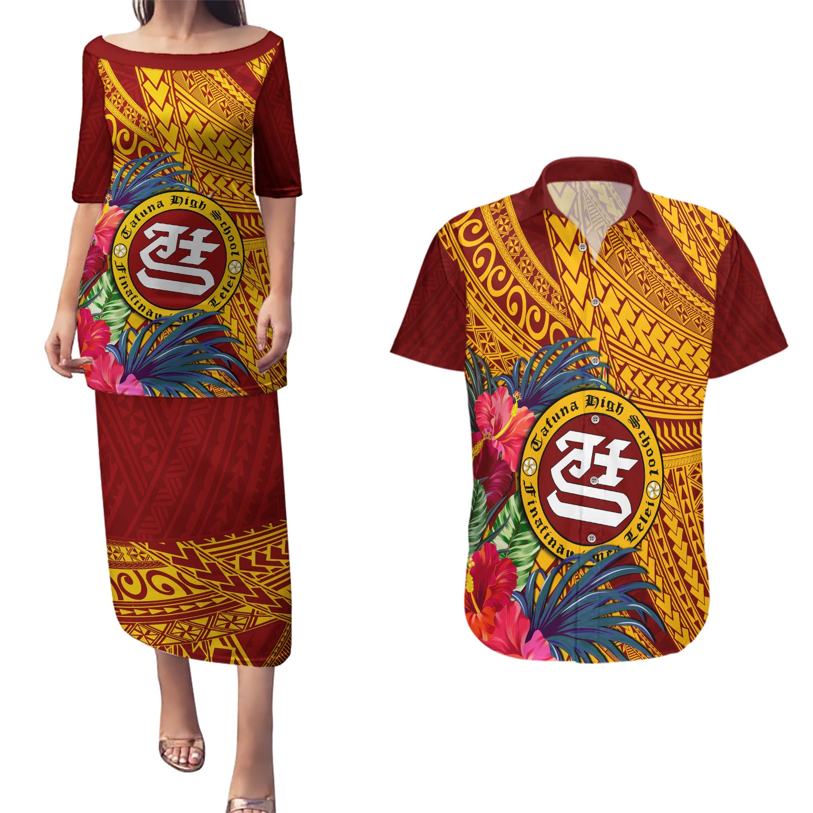 Personalised Tafuna High School Couples Matching Puletasi Dress and Hawaiian Shirt American Samoa Schools Polynesian Tropical Flowers LT14 Maroon - Polynesian Pride