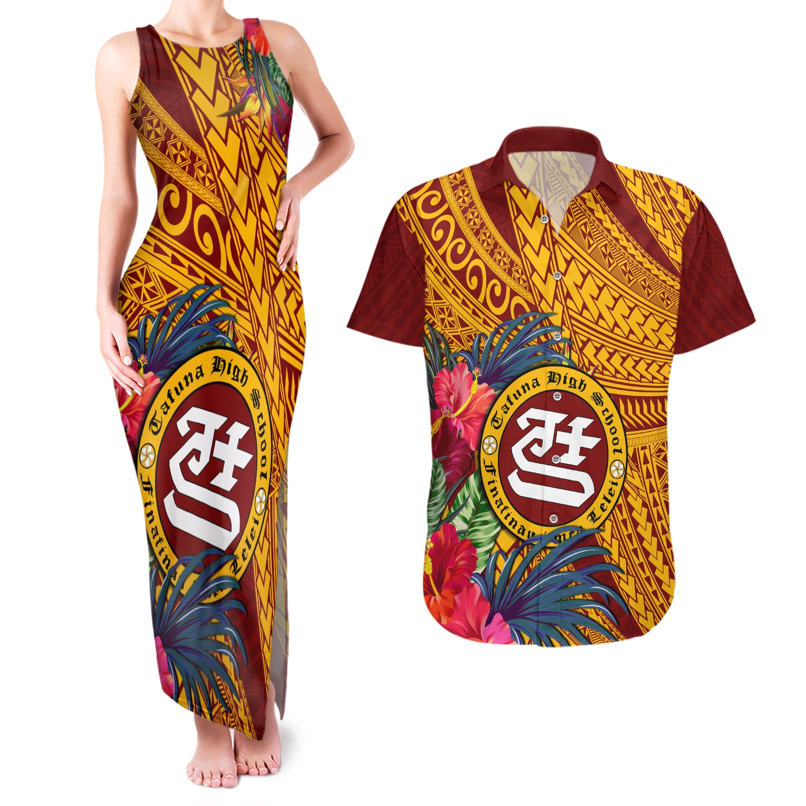 Personalised Tafuna High School Couples Matching Tank Maxi Dress and Hawaiian Shirt American Samoa Schools Polynesian Tropical Flowers LT14 Maroon - Polynesian Pride