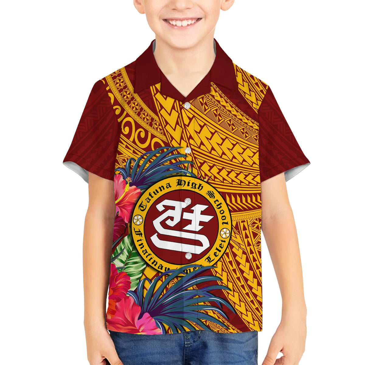 Personalised Tafuna High School Family Matching Tank Maxi Dress and Hawaiian Shirt American Samoa Schools Polynesian Tropical Flowers LT14 Son's Shirt Maroon - Polynesian Pride