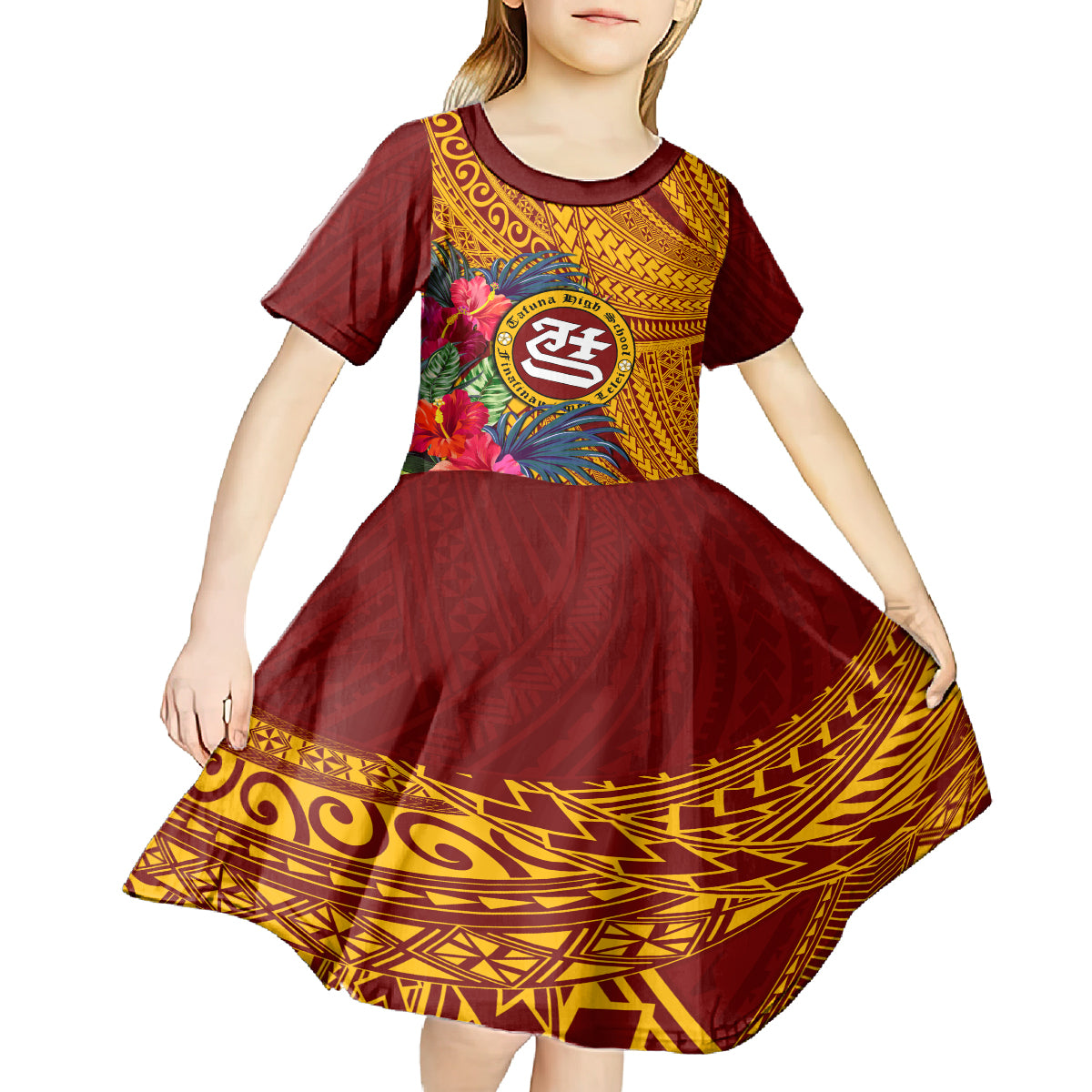 Personalised Tafuna High School Kid Short Sleeve Dress American Samoa Schools Polynesian Tropical Flowers LT14 - Polynesian Pride