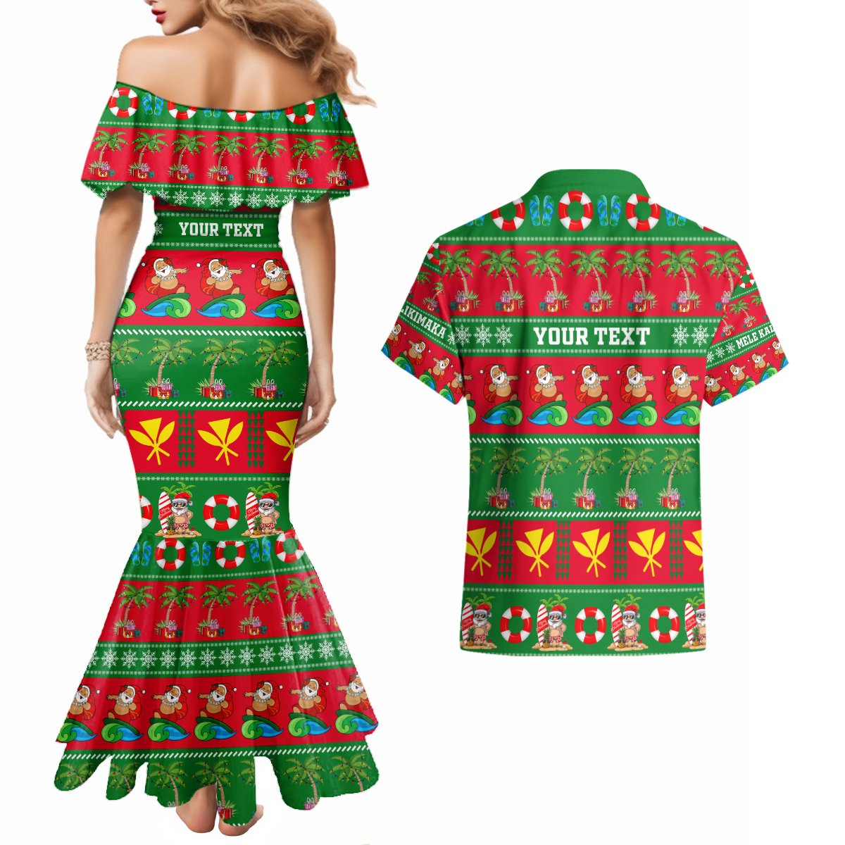 Personalised Hawaii Christmas Couples Matching Mermaid Dress and Hawaiian Shirt Mele Kalikimaka LT14 - Polynesian Pride