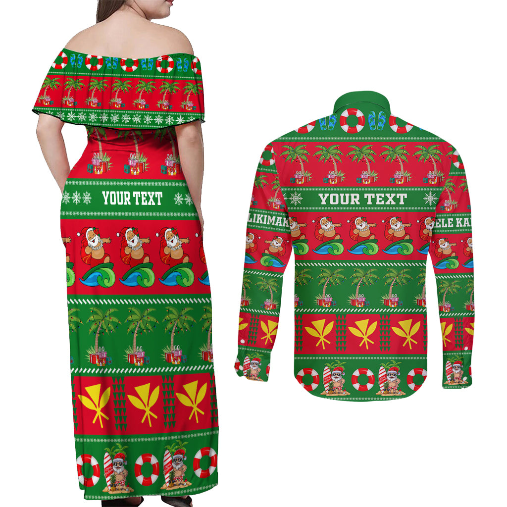 Personalised Hawaii Christmas Couples Matching Off Shoulder Maxi Dress and Long Sleeve Button Shirt Mele Kalikimaka LT14 - Polynesian Pride