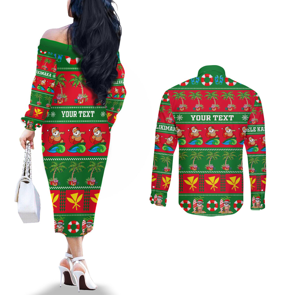 Personalised Hawaii Christmas Couples Matching Off The Shoulder Long Sleeve Dress and Long Sleeve Button Shirt Mele Kalikimaka LT14 - Polynesian Pride