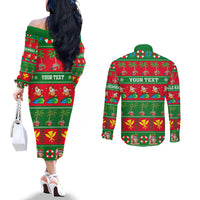Personalised Hawaii Christmas Couples Matching Off The Shoulder Long Sleeve Dress and Long Sleeve Button Shirt Mele Kalikimaka LT14 - Polynesian Pride