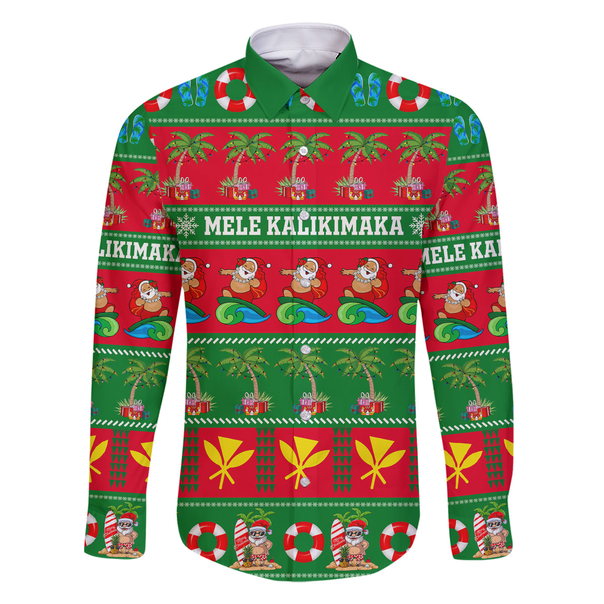 Personalised Hawaii Christmas Family Matching Off Shoulder Long Sleeve Dress and Hawaiian Shirt Mele Kalikimaka LT14 Dad's Shirt - Long Sleeve Green - Polynesian Pride