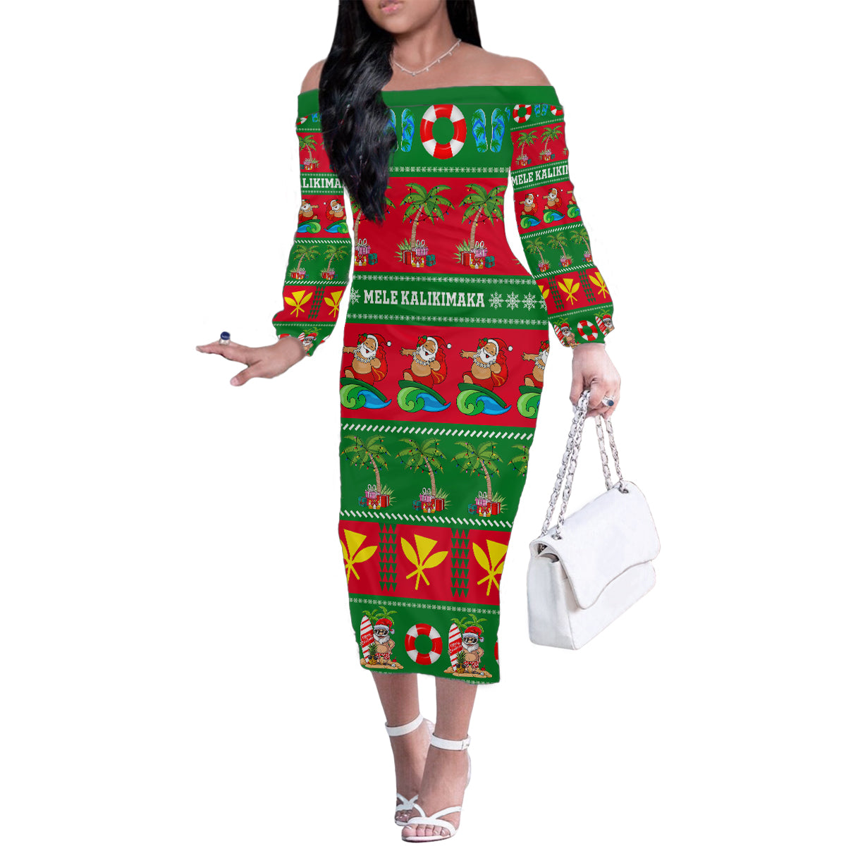 Personalised Hawaii Christmas Family Matching Off Shoulder Long Sleeve Dress and Hawaiian Shirt Mele Kalikimaka LT14 Mom's Dress Green - Polynesian Pride