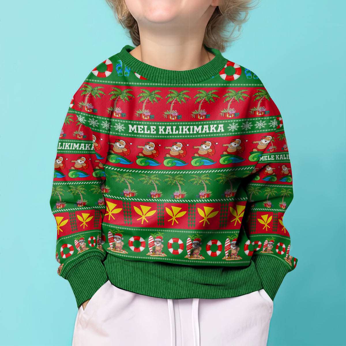 Personalised Hawaii Christmas Kid Ugly Christmas Sweater Mele Kalikimaka LT14 - Polynesian Pride