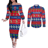 Personalised Guam Christmas Couples Matching Off The Shoulder Long Sleeve Dress and Long Sleeve Button Shirt Felis Pasgua LT14 Blue - Polynesian Pride