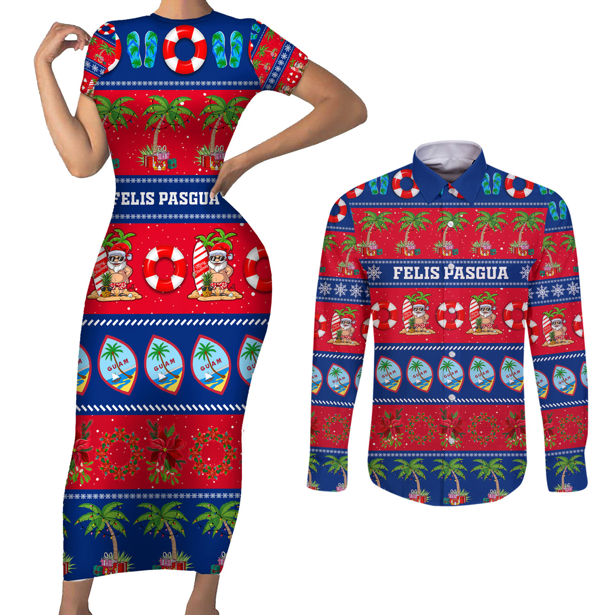 Personalised Guam Christmas Couples Matching Short Sleeve Bodycon Dress and Long Sleeve Button Shirt Felis Pasgua LT14 Blue - Polynesian Pride