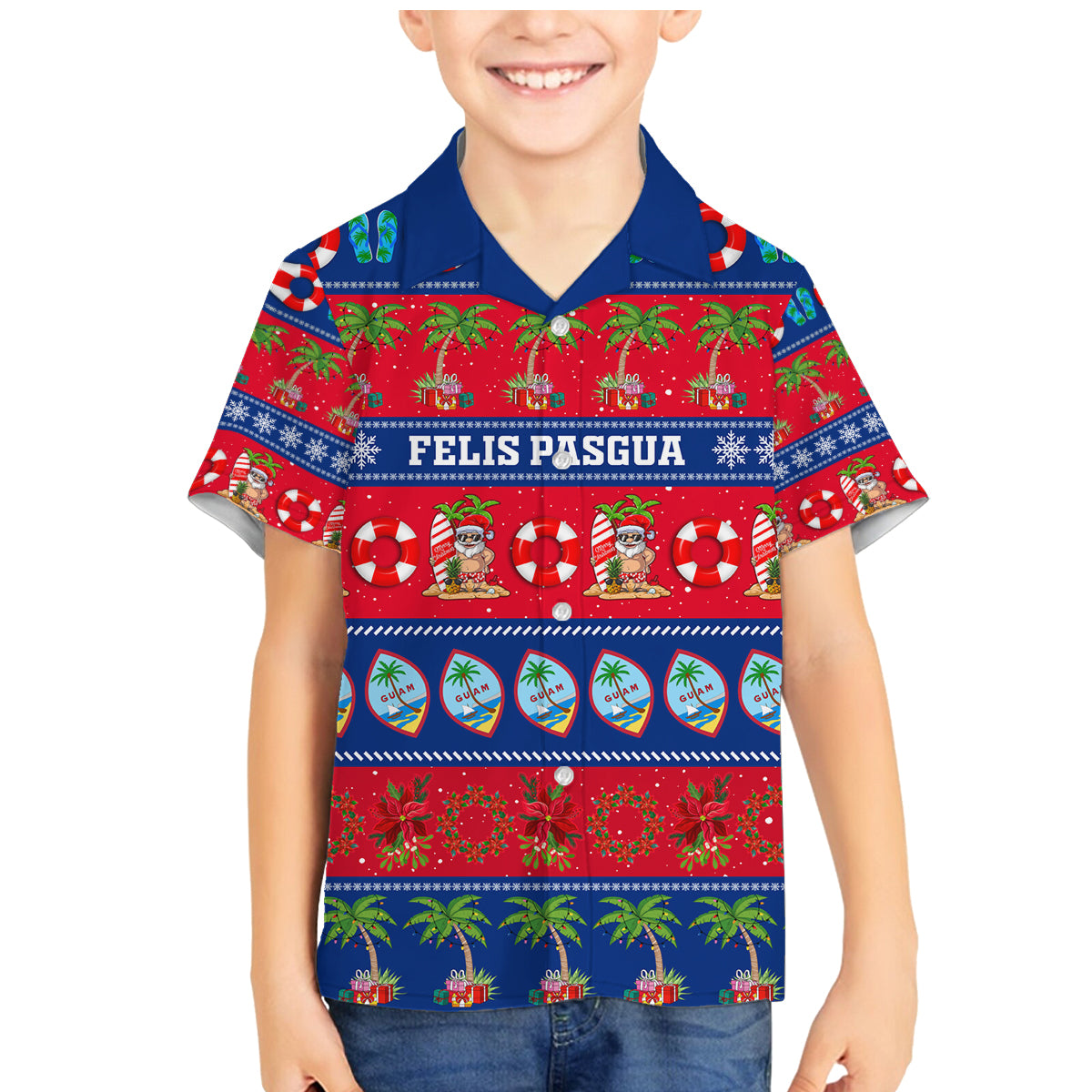 Personalised Guam Christmas Family Matching Mermaid Dress and Hawaiian Shirt Felis Pasgua LT14 Son's Shirt Blue - Polynesian Pride
