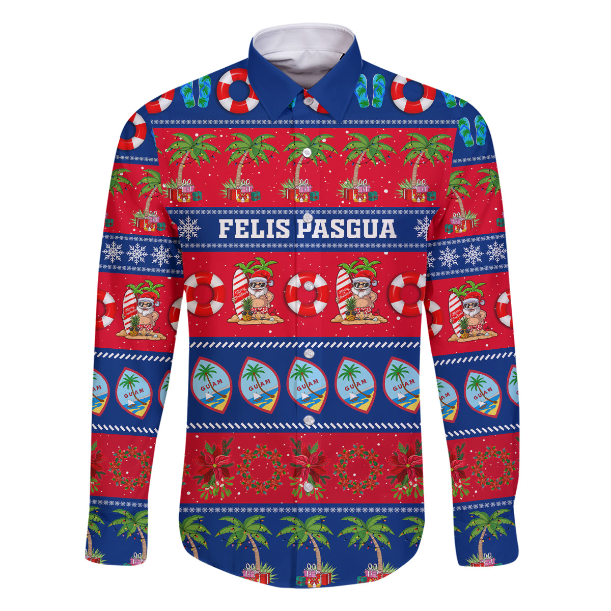 Personalised Guam Christmas Family Matching Off Shoulder Short Dress and Hawaiian Shirt Felis Pasgua LT14 Dad's Shirt - Long Sleeve Blue - Polynesian Pride