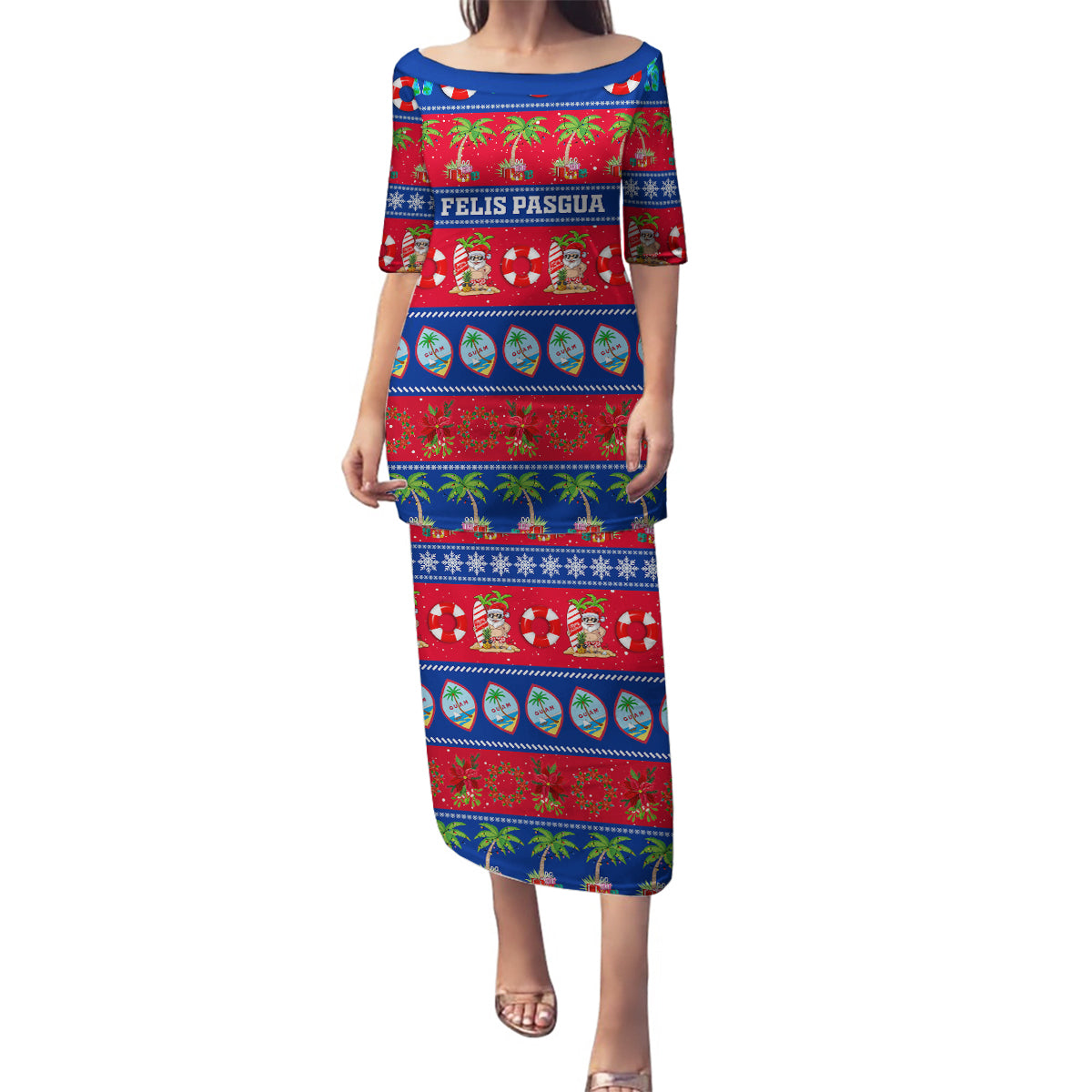 Personalised Guam Christmas Family Matching Puletasi Dress and Hawaiian Shirt Felis Pasgua LT14 Mom's Dress Blue - Polynesian Pride