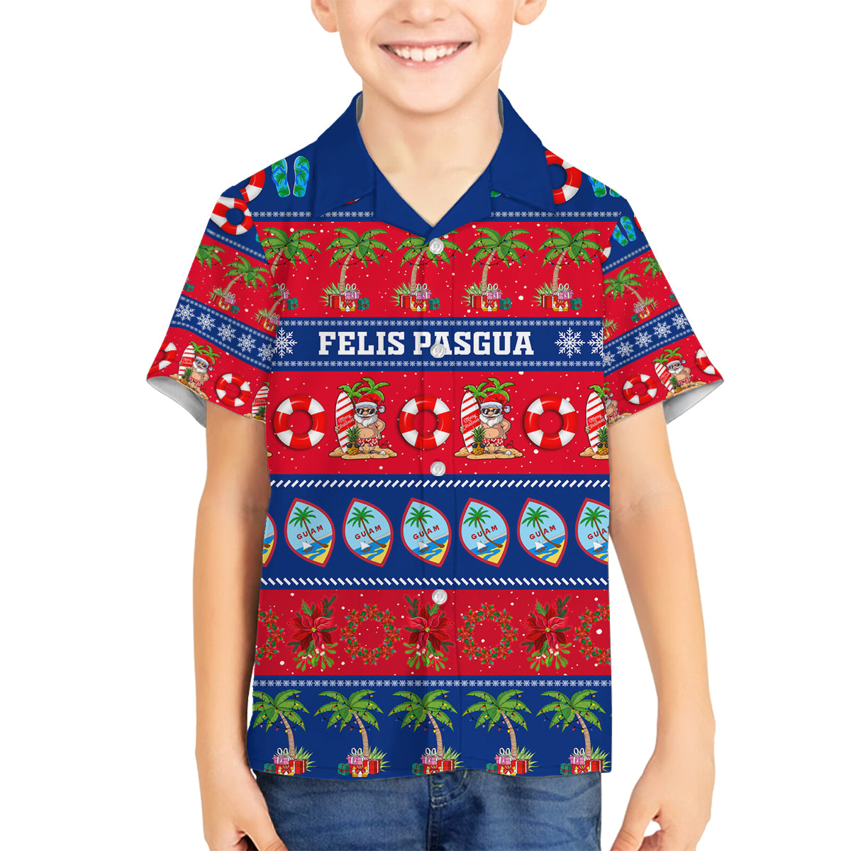Personalised Guam Christmas Family Matching Puletasi Dress and Hawaiian Shirt Felis Pasgua LT14 Son's Shirt Blue - Polynesian Pride