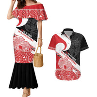 Toitu Te Tiriti Me Te Whakaputanga Couples Matching Mermaid Dress and Hawaiian Shirt Maori Wahaika With Haka Face LT14 Red - Polynesian Pride