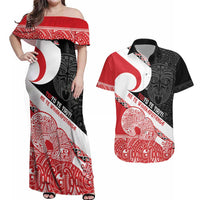 Toitu Te Tiriti Me Te Whakaputanga Couples Matching Off Shoulder Maxi Dress and Hawaiian Shirt Maori Wahaika With Haka Face LT14 Red - Polynesian Pride