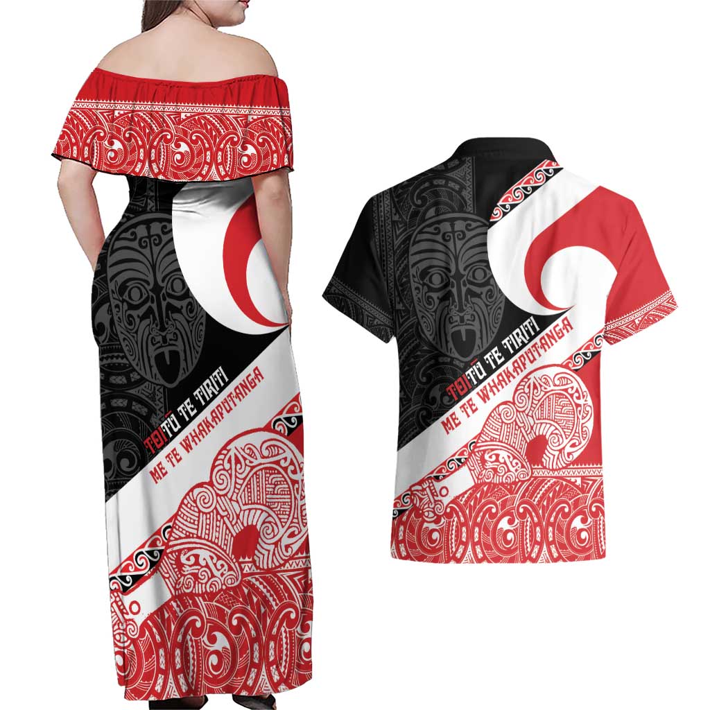 Toitu Te Tiriti Me Te Whakaputanga Couples Matching Off Shoulder Maxi Dress and Hawaiian Shirt Maori Wahaika With Haka Face LT14 - Polynesian Pride