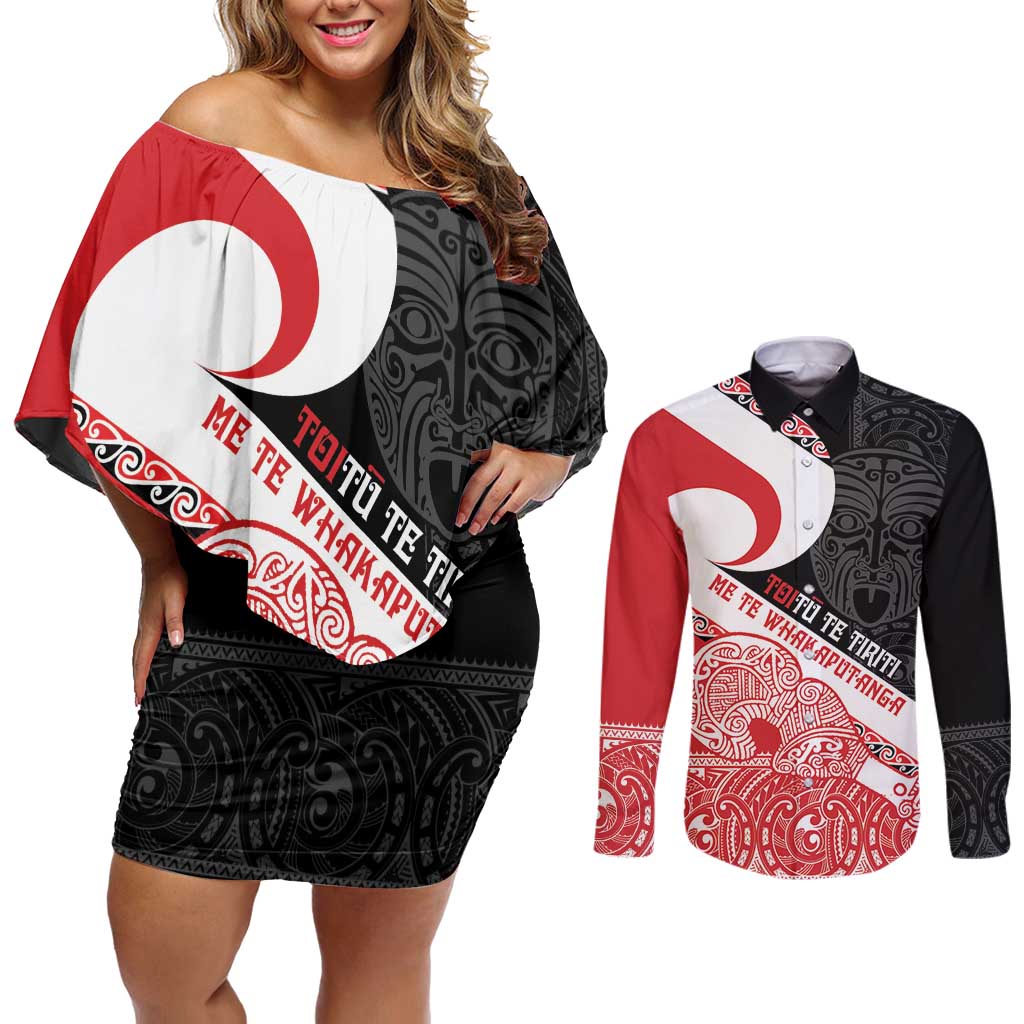 Toitu Te Tiriti Me Te Whakaputanga Couples Matching Off Shoulder Short Dress and Long Sleeve Button Shirt Maori Wahaika With Haka Face