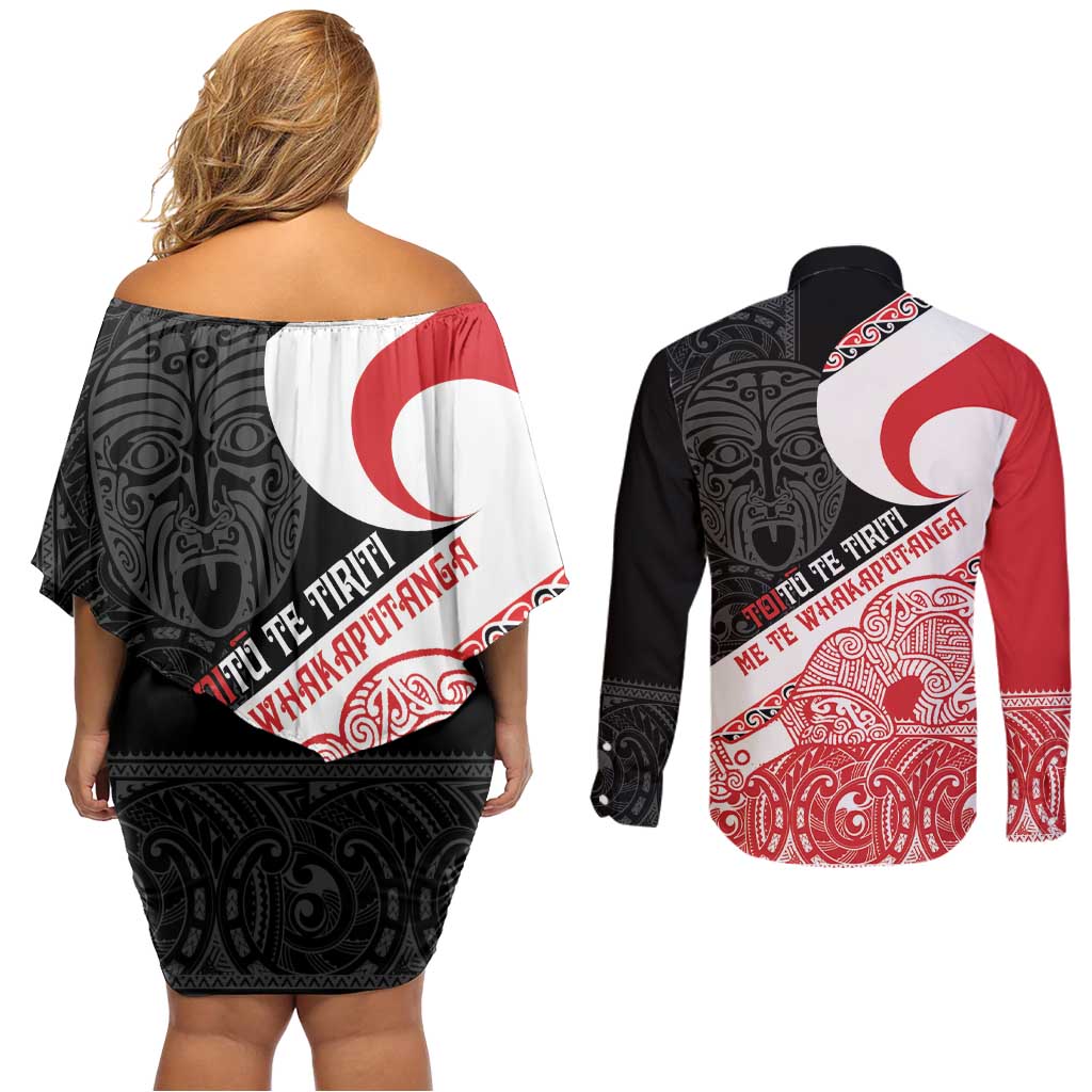 Toitu Te Tiriti Me Te Whakaputanga Couples Matching Off Shoulder Short Dress and Long Sleeve Button Shirt Maori Wahaika With Haka Face