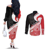 Toitu Te Tiriti Me Te Whakaputanga Couples Matching Off The Shoulder Long Sleeve Dress and Long Sleeve Button Shirt Maori Wahaika With Haka Face
