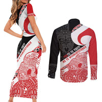 Toitu Te Tiriti Me Te Whakaputanga Couples Matching Short Sleeve Bodycon Dress and Long Sleeve Button Shirt Maori Wahaika With Haka Face