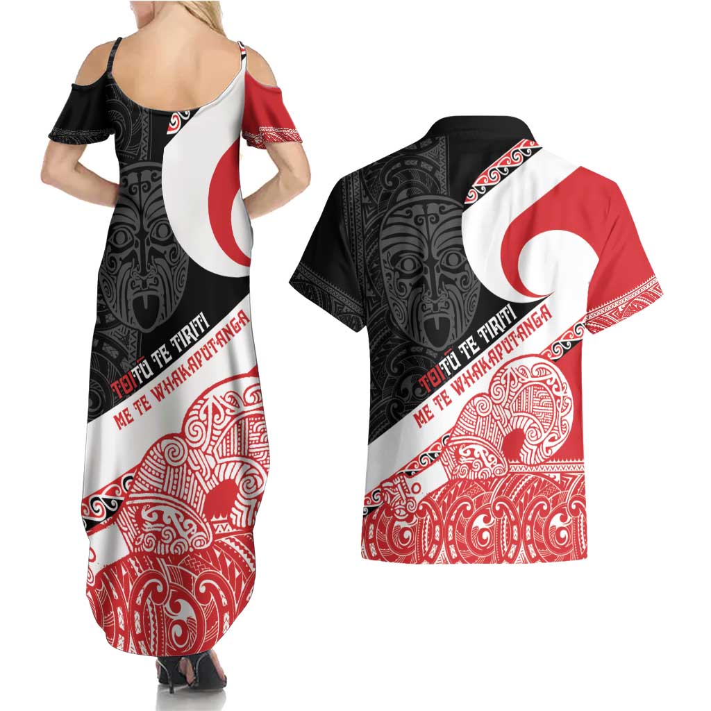 Toitu Te Tiriti Me Te Whakaputanga Couples Matching Summer Maxi Dress and Hawaiian Shirt Maori Wahaika With Haka Face