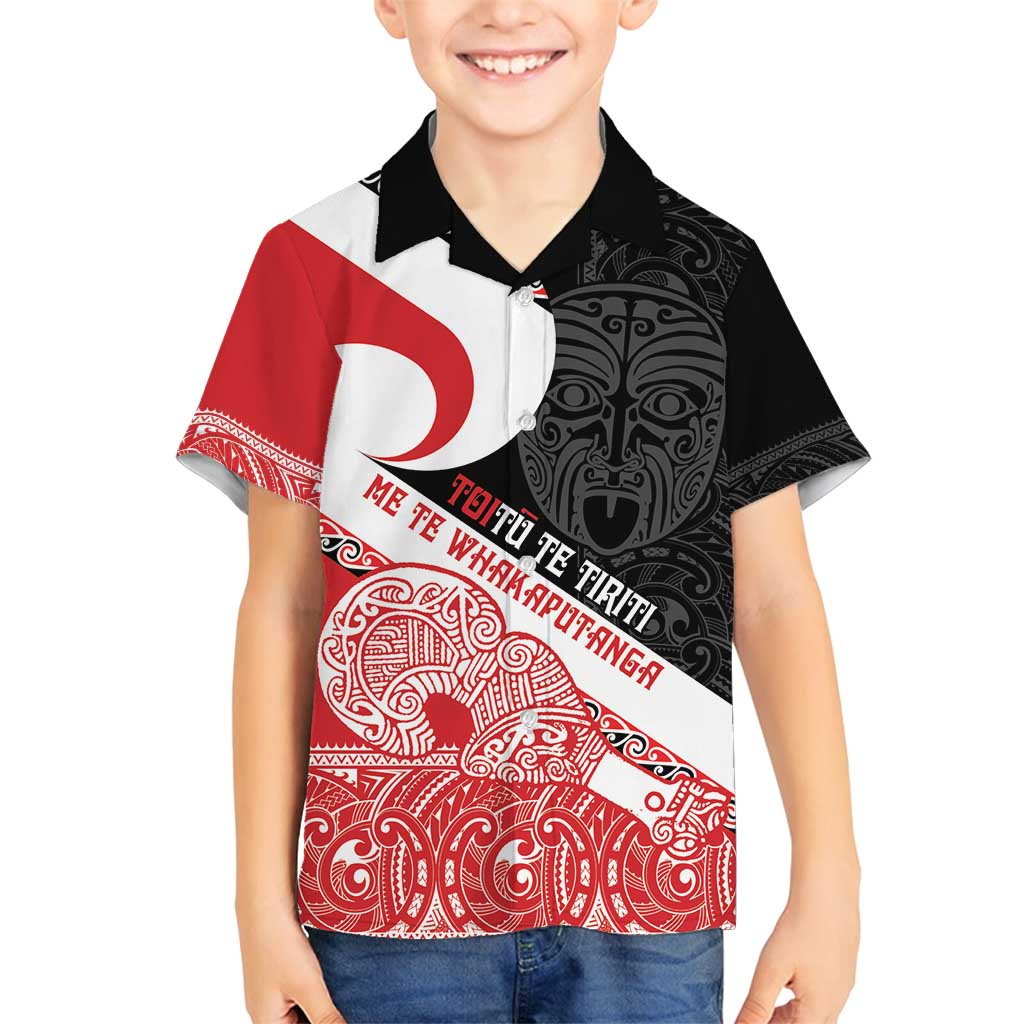Toitu Te Tiriti Me Te Whakaputanga Family Matching Long Sleeve Bodycon Dress and Hawaiian Shirt Maori Wahaika With Haka Face LT14 Son's Shirt Red - Polynesian Pride
