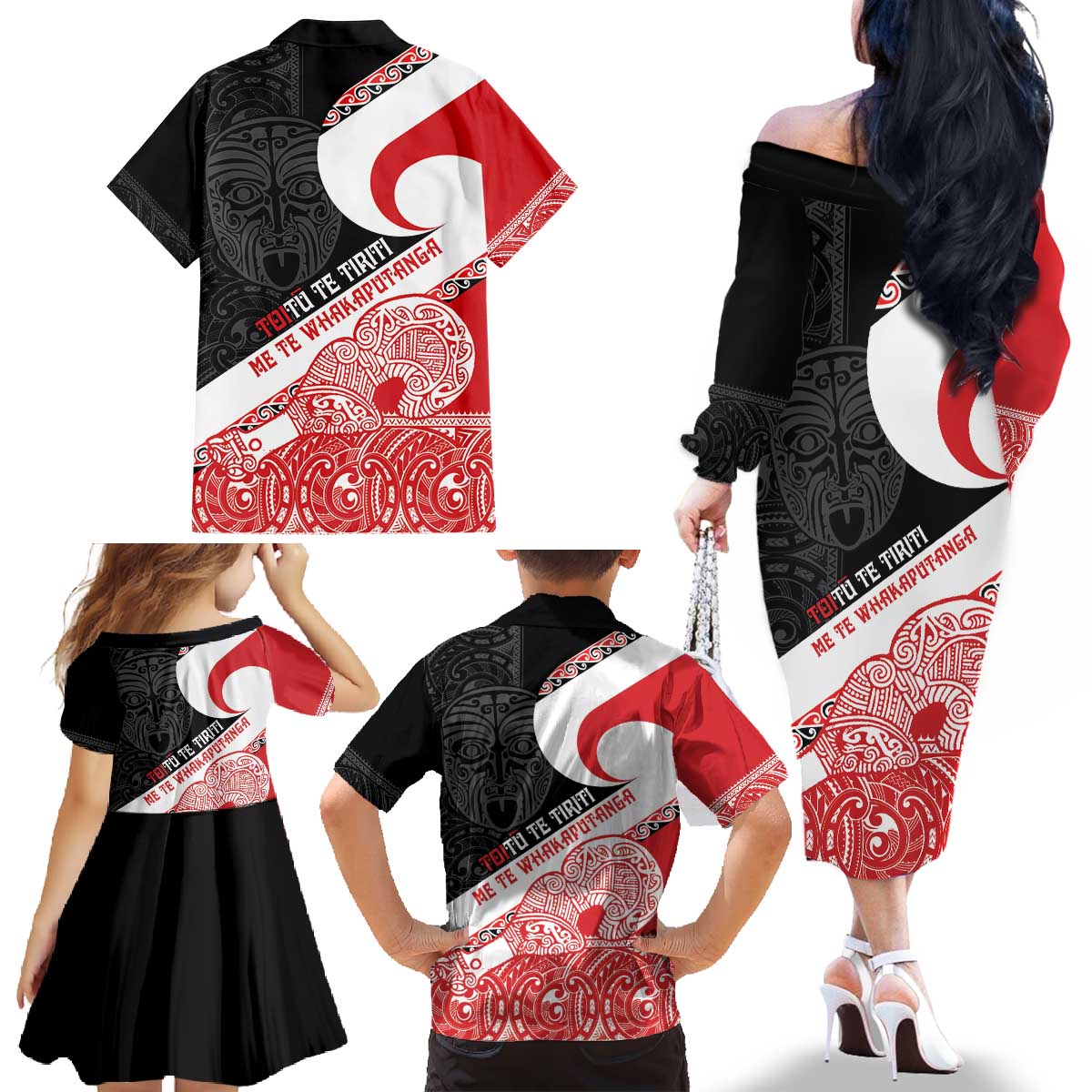 Toitu Te Tiriti Me Te Whakaputanga Family Matching Off The Shoulder Long Sleeve Dress and Hawaiian Shirt Maori Wahaika With Haka Face LT14 - Polynesian Pride