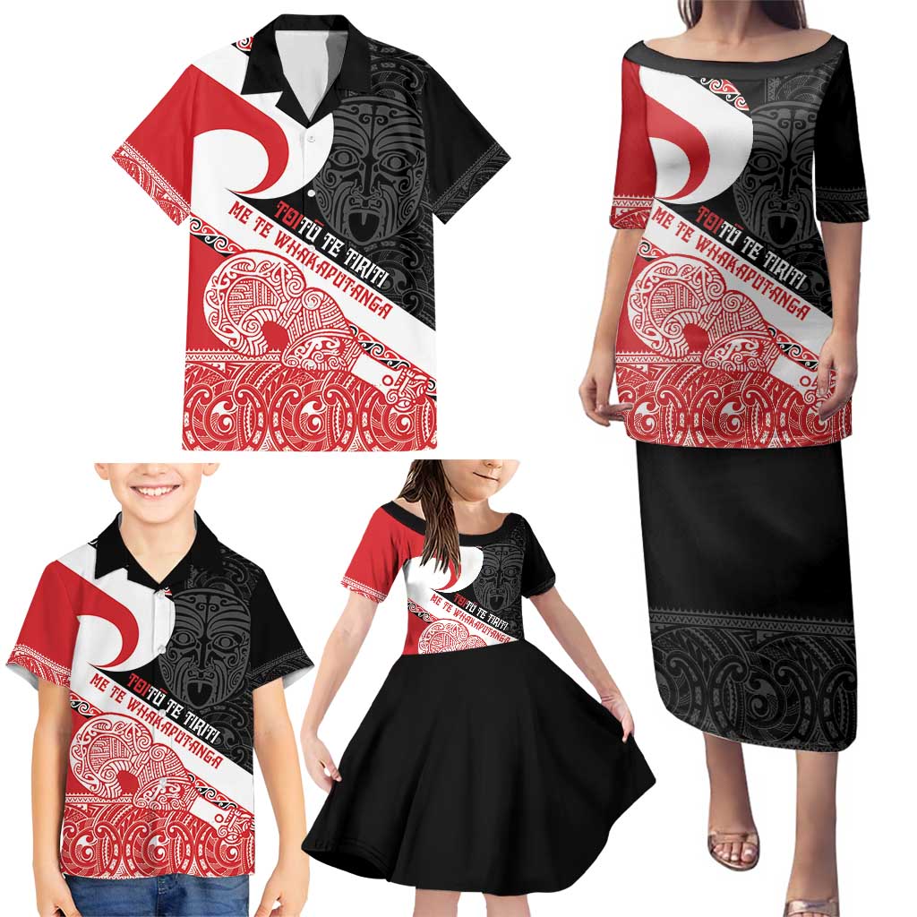 Toitu Te Tiriti Me Te Whakaputanga Family Matching Puletasi and Hawaiian Shirt Maori Wahaika With Haka Face LT14 - Polynesian Pride