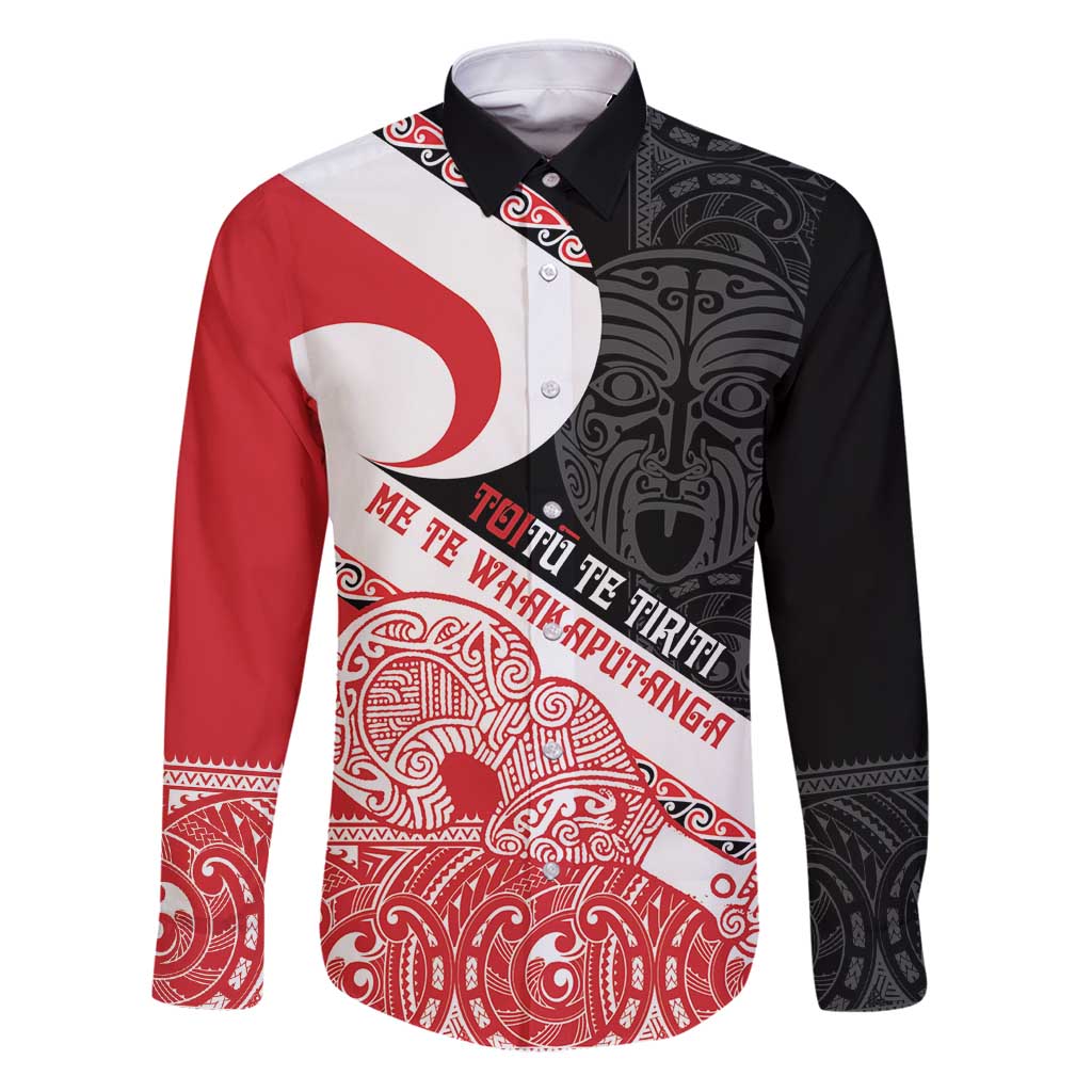 Toitu Te Tiriti Me Te Whakaputanga Family Matching Puletasi and Hawaiian Shirt Maori Wahaika With Haka Face LT14 Dad's Shirt - Long Sleeve Red - Polynesian Pride