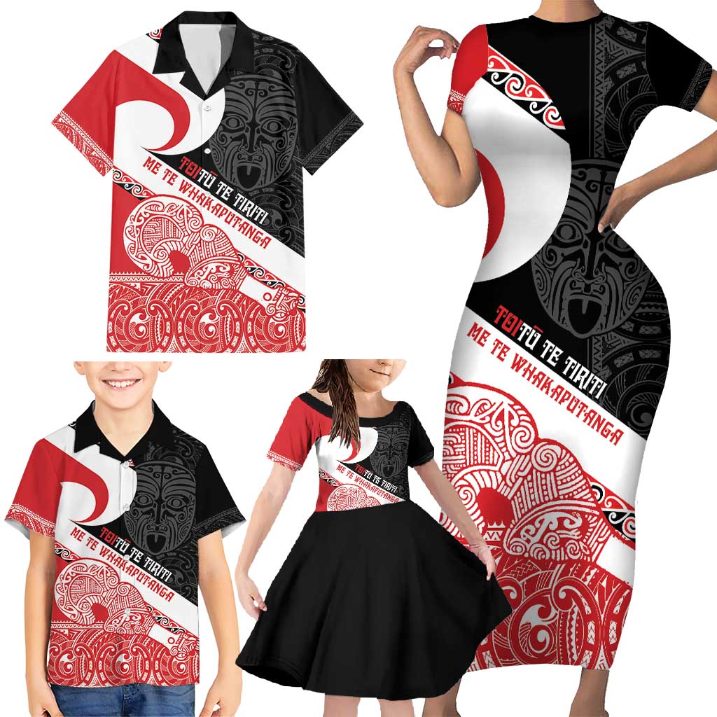 Toitu Te Tiriti Me Te Whakaputanga Family Matching Short Sleeve Bodycon Dress and Hawaiian Shirt Maori Wahaika With Haka Face LT14 - Polynesian Pride