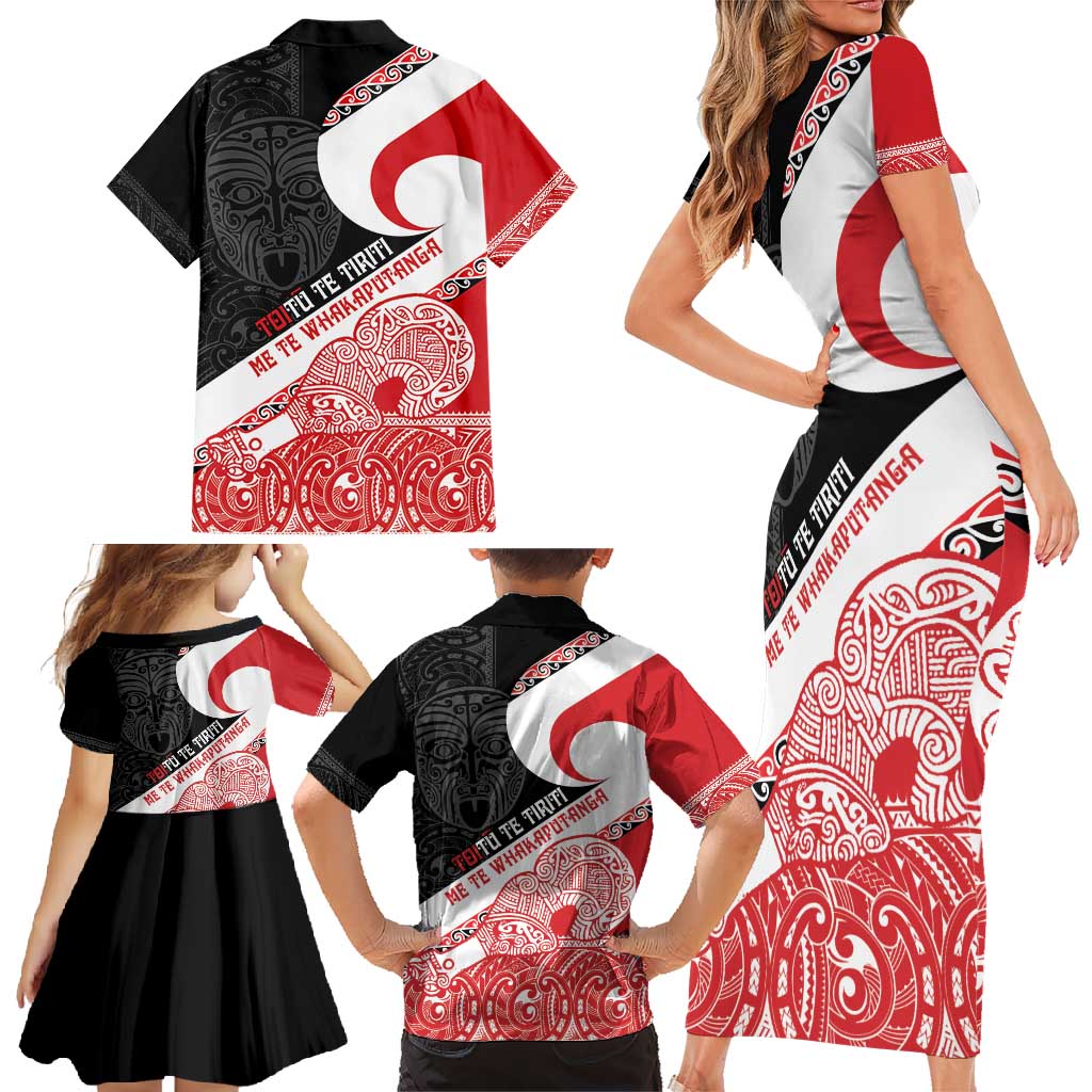 Toitu Te Tiriti Me Te Whakaputanga Family Matching Short Sleeve Bodycon Dress and Hawaiian Shirt Maori Wahaika With Haka Face LT14 - Polynesian Pride