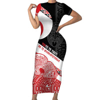 Toitu Te Tiriti Me Te Whakaputanga Family Matching Short Sleeve Bodycon Dress and Hawaiian Shirt Maori Wahaika With Haka Face LT14 Mom's Dress Red - Polynesian Pride
