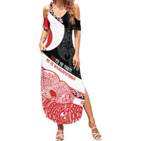 Toitu Te Tiriti Me Te Whakaputanga Family Matching Summer Maxi Dress and Hawaiian Shirt Maori Wahaika With Haka Face LT14 Mom's Dress Red - Polynesian Pride
