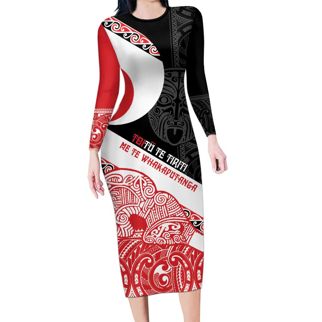 Toitu Te Tiriti Me Te Whakaputanga Long Sleeve Bodycon Dress Maori Wahaika With Haka Face LT14 Long Dress Red - Polynesian Pride
