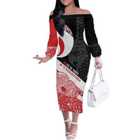 Toitu Te Tiriti Me Te Whakaputanga Off The Shoulder Long Sleeve Dress Maori Wahaika With Haka Face LT14 Women Red - Polynesian Pride
