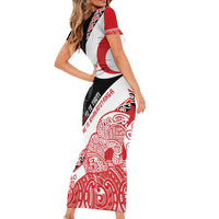 Toitu Te Tiriti Me Te Whakaputanga Short Sleeve Bodycon Dress Maori Wahaika With Haka Face LT14 - Polynesian Pride