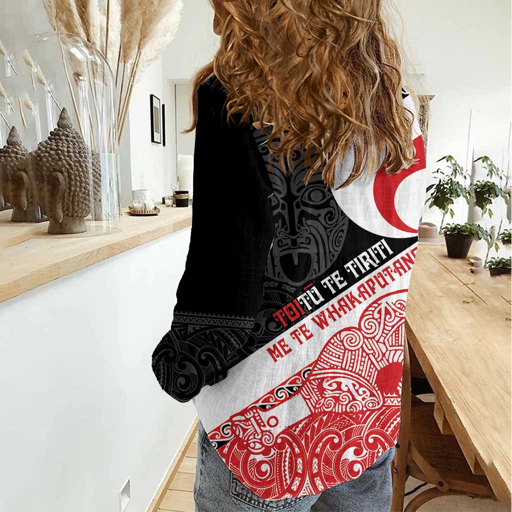 Toitu Te Tiriti Me Te Whakaputanga Women Casual Shirt Maori Wahaika With Haka Face LT14 - Polynesian Pride