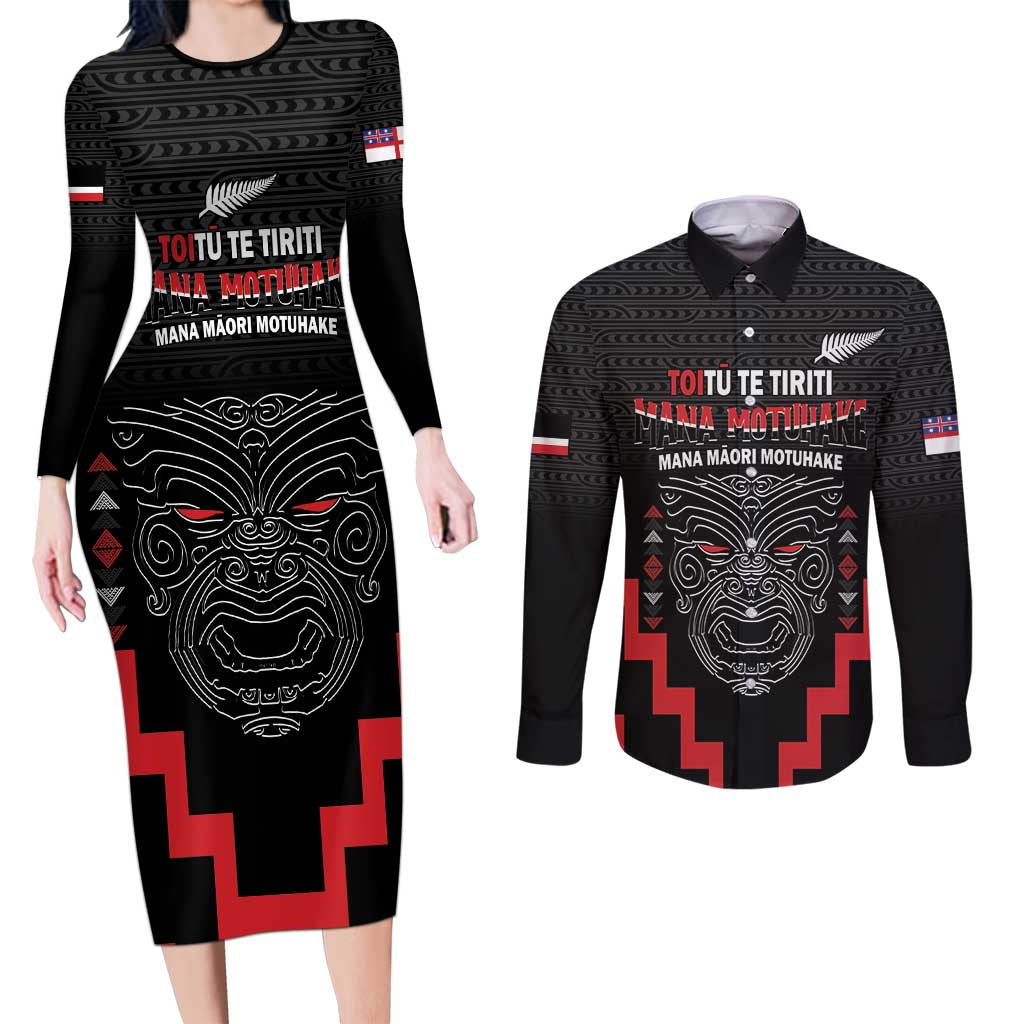 Personalised Toitu Te Tiriti Mana Maori Motuhake Couples Matching Long Sleeve Bodycon Dress and Long Sleeve Button Shirt Aotearoa Haka Face Mix Poutama Art