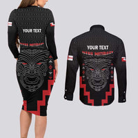 Personalised Toitu Te Tiriti Mana Maori Motuhake Couples Matching Long Sleeve Bodycon Dress and Long Sleeve Button Shirt Aotearoa Haka Face Mix Poutama Art