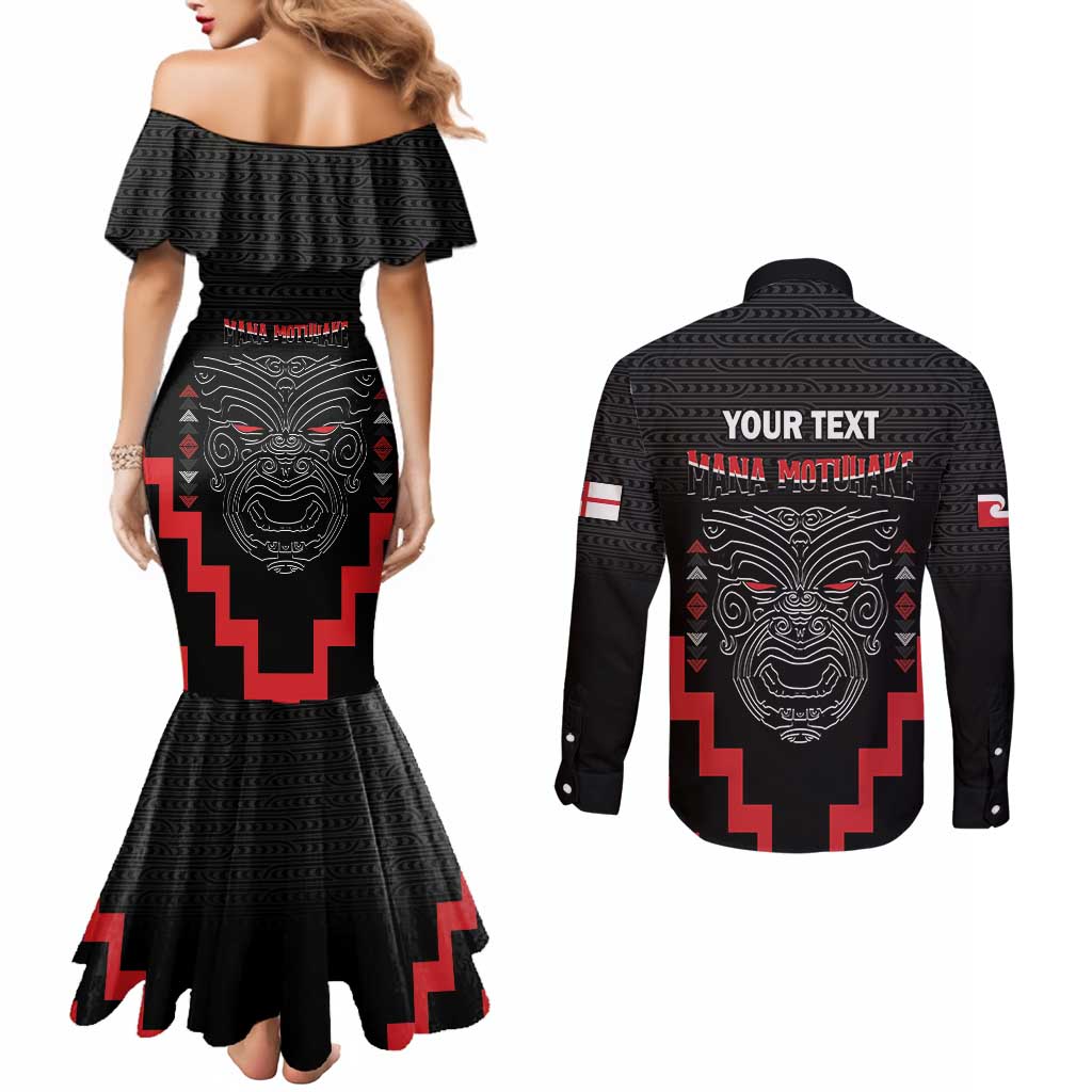 Personalised Toitu Te Tiriti Mana Maori Motuhake Couples Matching Mermaid Dress and Long Sleeve Button Shirt Aotearoa Haka Face Mix Poutama Art