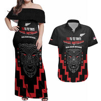 Personalised Toitu Te Tiriti Mana Maori Motuhake Couples Matching Off Shoulder Maxi Dress and Hawaiian Shirt Aotearoa Haka Face Mix Poutama Art LT14 Black - Polynesian Pride